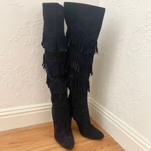 Vero Cuoio Navy Blue Suede Over-The-Knee Fringe Boots, Size 9